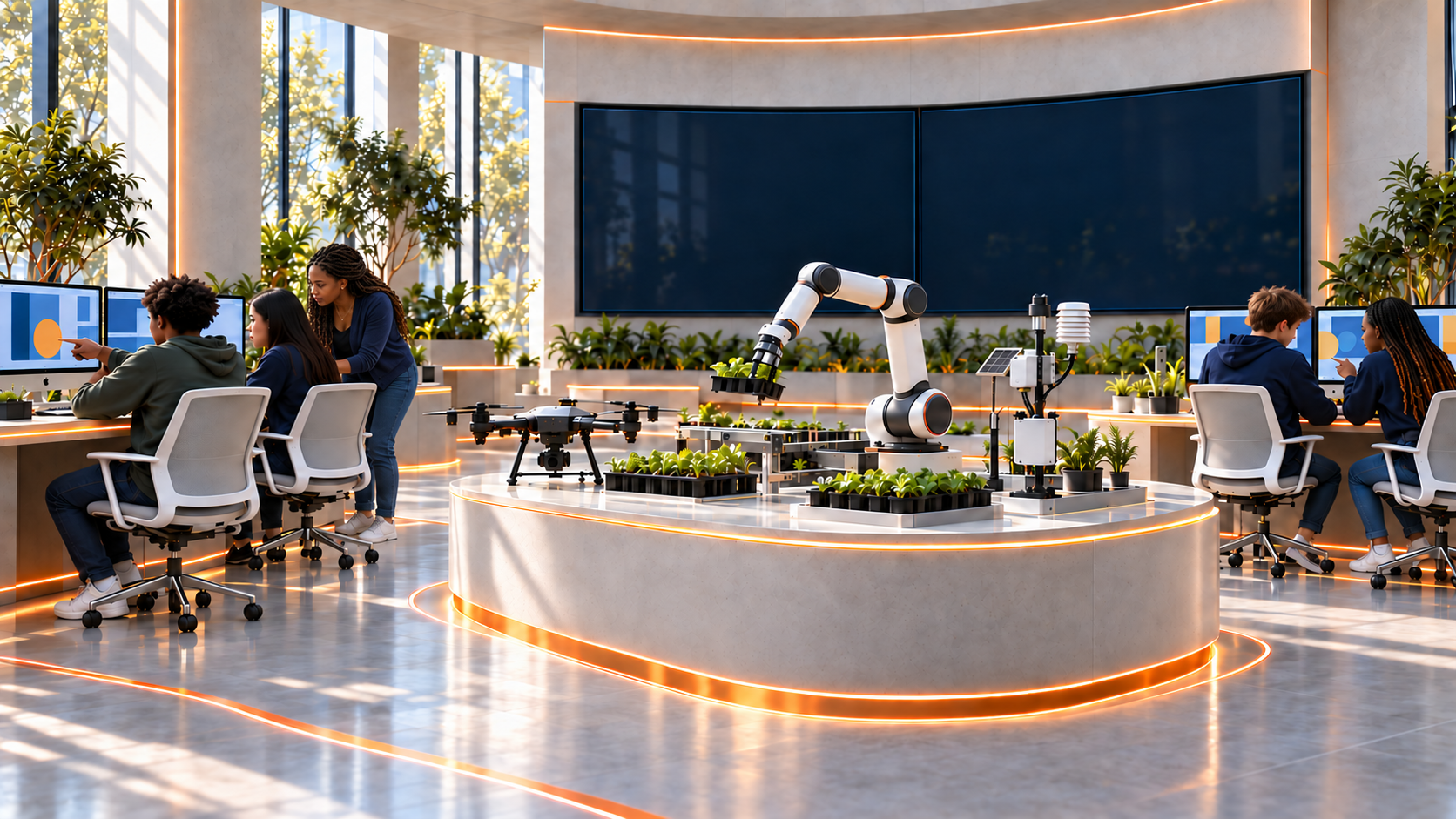 Automation Studio with diverse students at Mac workstations, a collaborative robot arm, crop trays and connected learning equipment