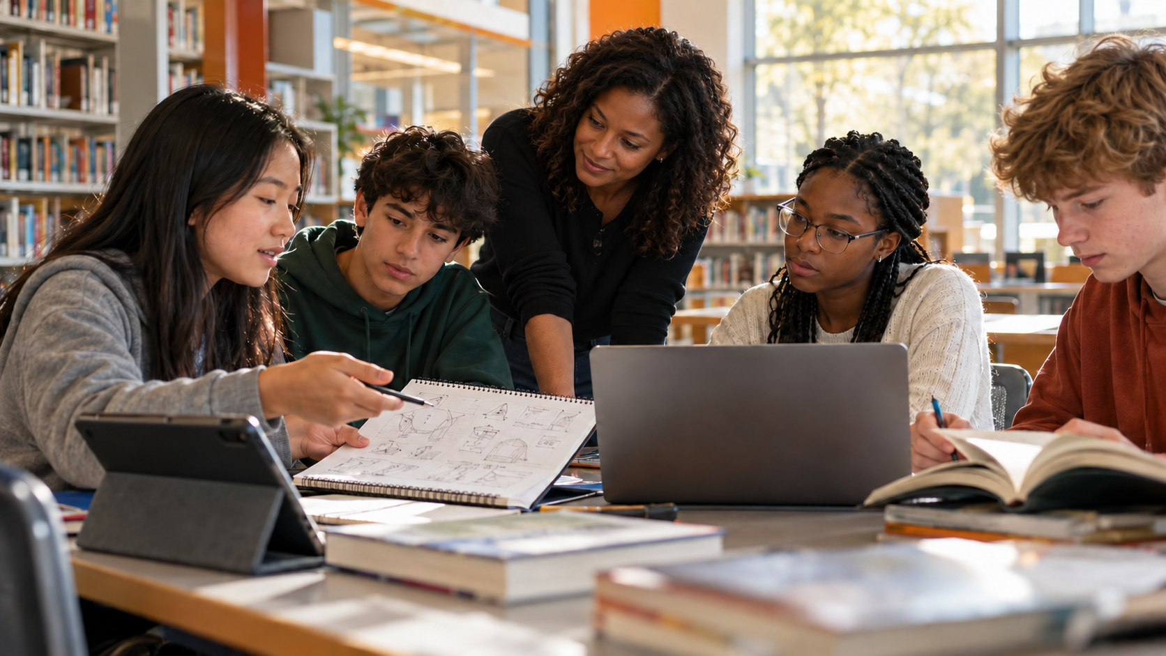 AI-generated close-up of four diverse students and a Black female educator researching and sketching together in a library