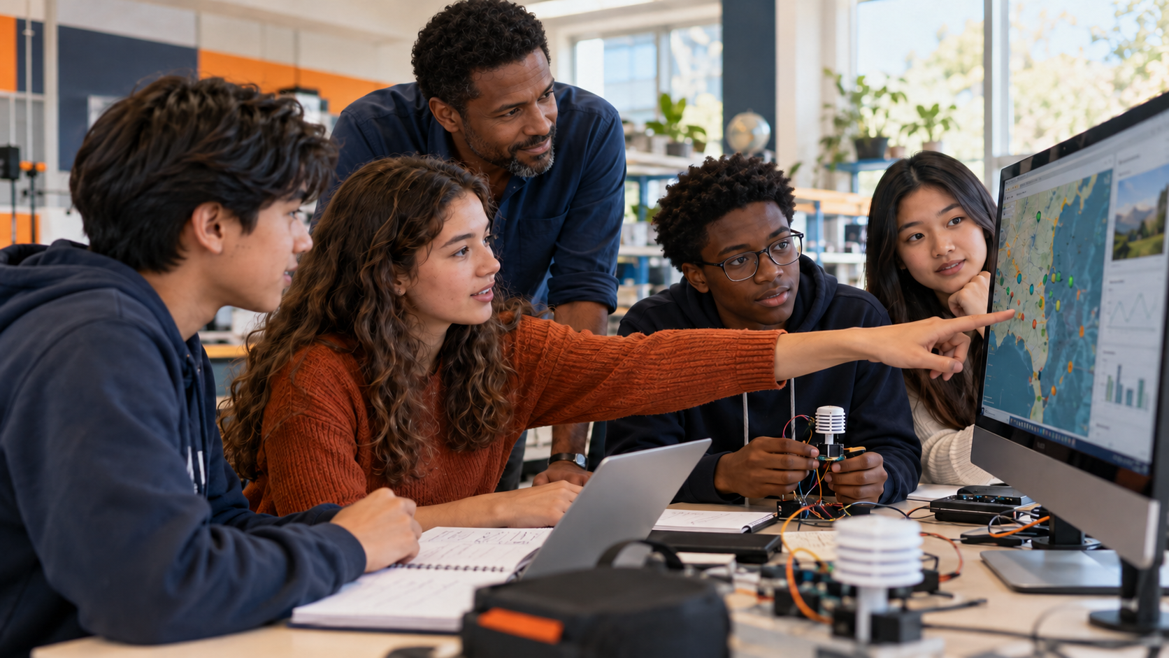 AI-generated close-up of four diverse students and a Black male teacher collaborating on an environmental monitoring application