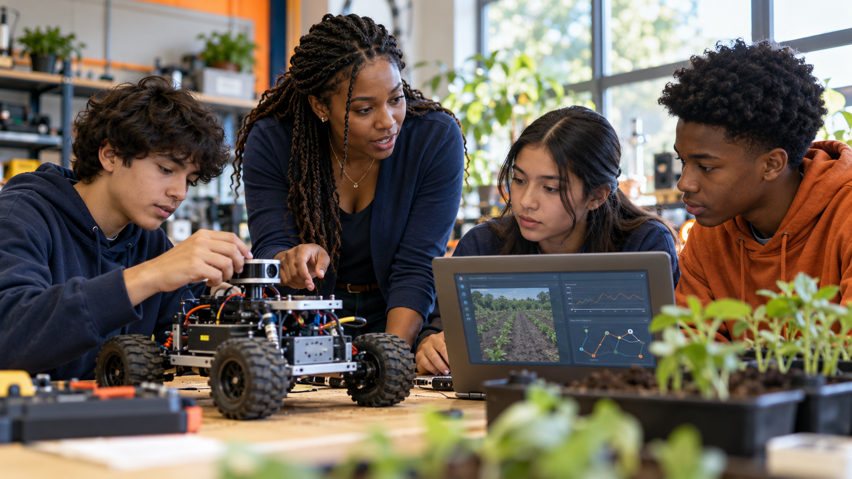 AI-generated close-up of three diverse students and a Black female teacher testing an agriculture rover together